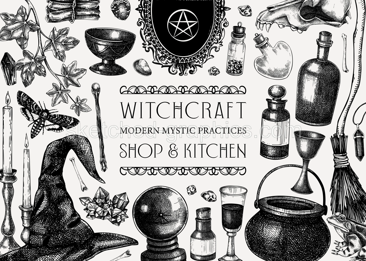 Bohemian style witchcraft background. Vinatge Halloween sketches. Hand-drawn vector illustration. Antique apothecary frame design. Witchcraft shop banner. NOT AI generated Illustration